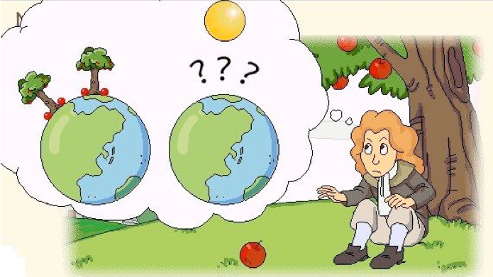 Cartoon of the famous story about the apple bonking Newton on the noggin.