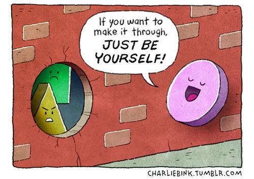 [a cartoon depicting shape privilege with the hole-matching-shaped piece saying: If you want to make it through, just be yourself!]