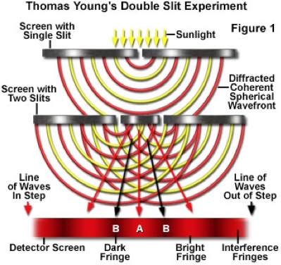 Schematic of Young's double slit experiment showing interference of photons. One source illuminates a pinhole in the first screen, and this light hits a second screen with two pinholes arranged so the two point sources of light are in phase. The detection screen is placed behind the second screen and shows alternating fringes of light and darkness.